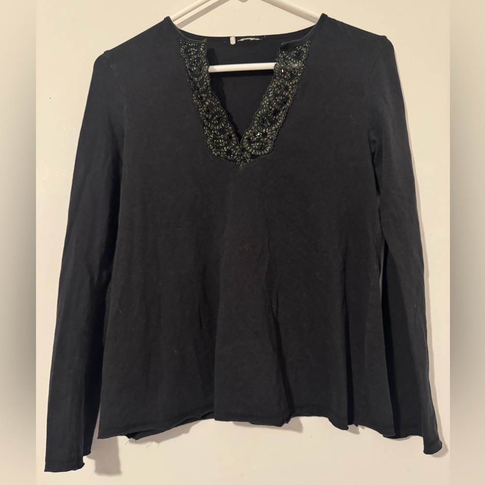 Old Navy Maternity Long Sleeve V-neck Black Top w/ Embellished Neckline